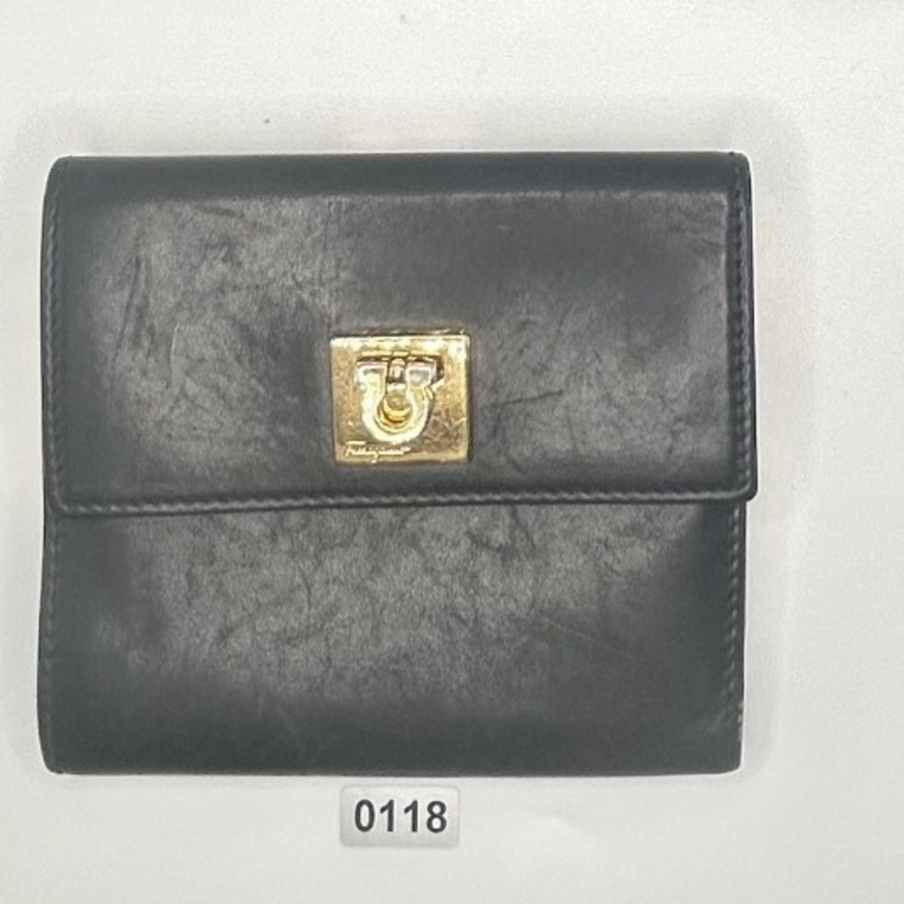 Salvatore Ferragamo Black Leather Gancini Lock Tri Fold Wallet#118